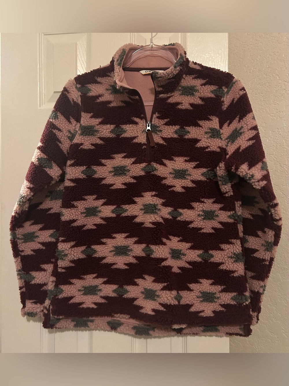 Orvis Quilted Sherpa Pullover - Pink, Burgundy, Green Southwestern